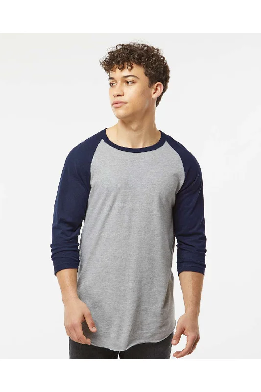 Innovative Design Tultex Mens Fine Jersey Raglan 3/4 Sleeve Crewneck T-Shirt - Heather Grey/Navy Blue