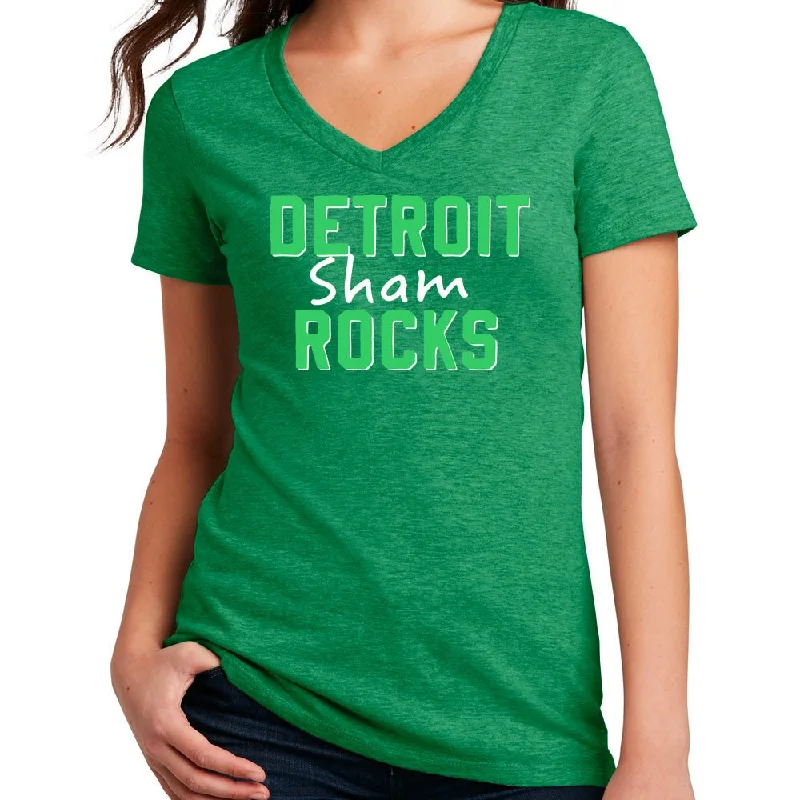 Versatile Outfits Ladies Detroit Sham Rocks St. Patrick's Day V-Neck - Heather Kelly Green