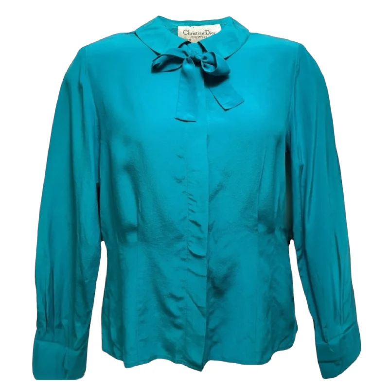 Party Wear Vintage Silk Bow Blouse Long Sleeve Luxury Designer By Dior In Blue, Size: 12