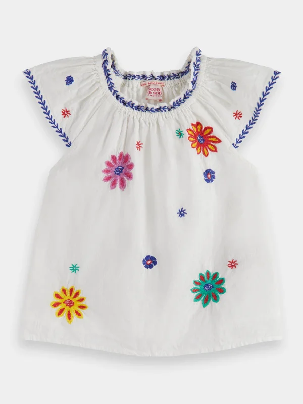 Kids - Flower embroidered short sleeved top