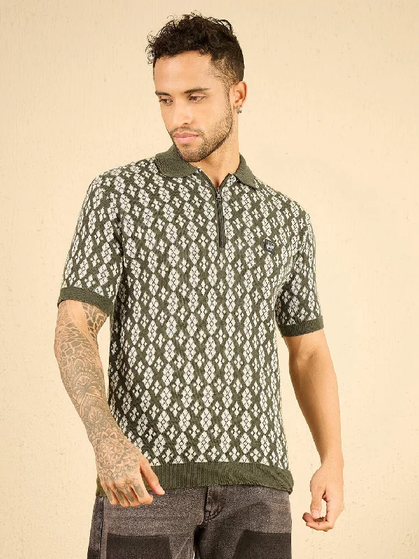 Simple Design Olive Printed Knitted Zipped Polo Tshirt