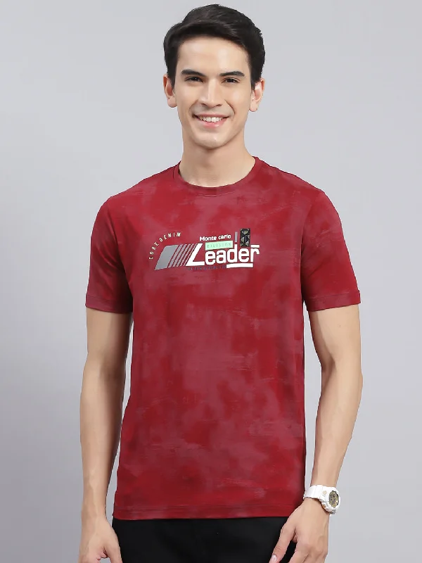 Simple Style Men Maroon Printed Cotton Blend T-Shirt