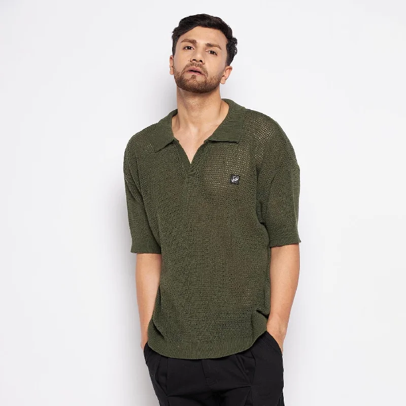 Cozy Fit Wear Olive Crochet Knitted Polo Tee