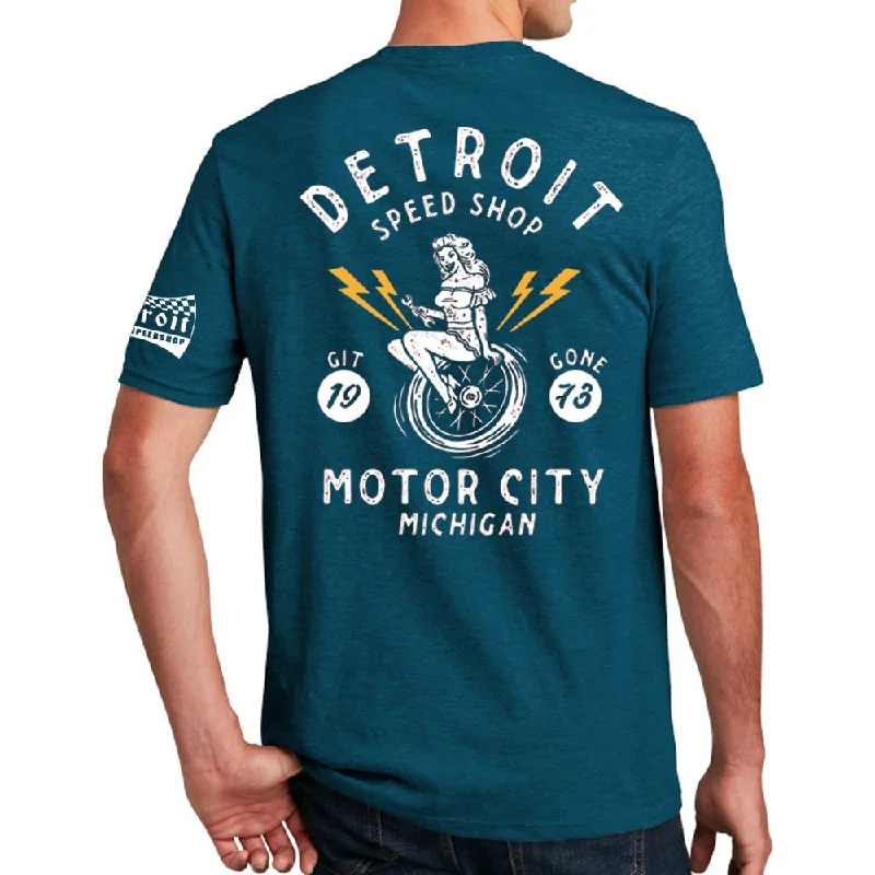 Versatile Wear Mens Detroit Speed Shop Pin-up T-shirt - Heather Dark Ocean Blue