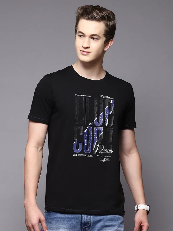 New Design Men Black Printed Round Neck Half Sleeve T-Shirts
