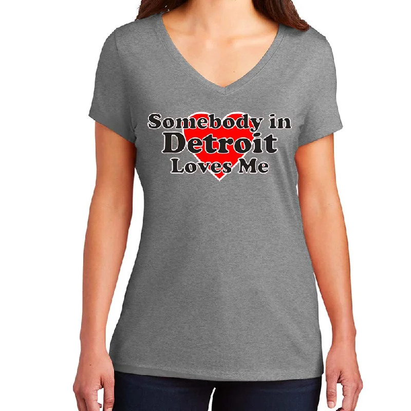 Comfy Pants Ladies Relaxed V-neck Somebody in Detroit Loves Me T-shirt - Triblend Grey