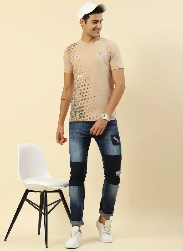 Warm Chic Outfits Men Beige Printed T-Shirt