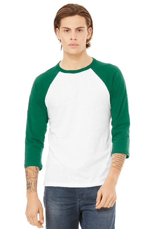Simple Comfort Bella + Canvas Mens 3/4 Sleeve Crewneck T-Shirt - White/Kelly Green