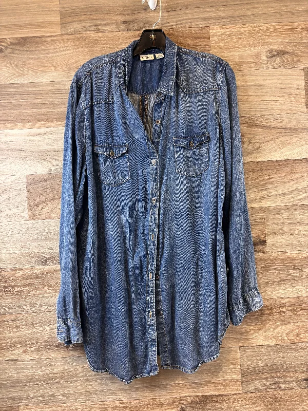Spring Fashion Top Long Sleeve By Cato In Blue Denim, Size: Xl