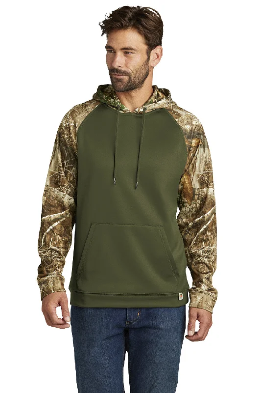 Effortless Elegance Russell Outdoors Mens Realtree Colorblock Moisture Wicking Hooded Sweatshirt Hoodie w/ Pouch Pocket - Olive Drab Green/Realtree Edge Camo - NEW