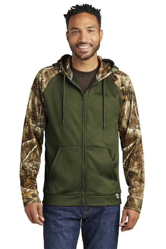 Casual Wear Russell Outdoors Mens Realtree Colorblock Moisture Wicking Full Zip Hooded Sweatshirt Hoodie w/ Pockets - Olive Drab Green/Realtree Edge Camo - NEW