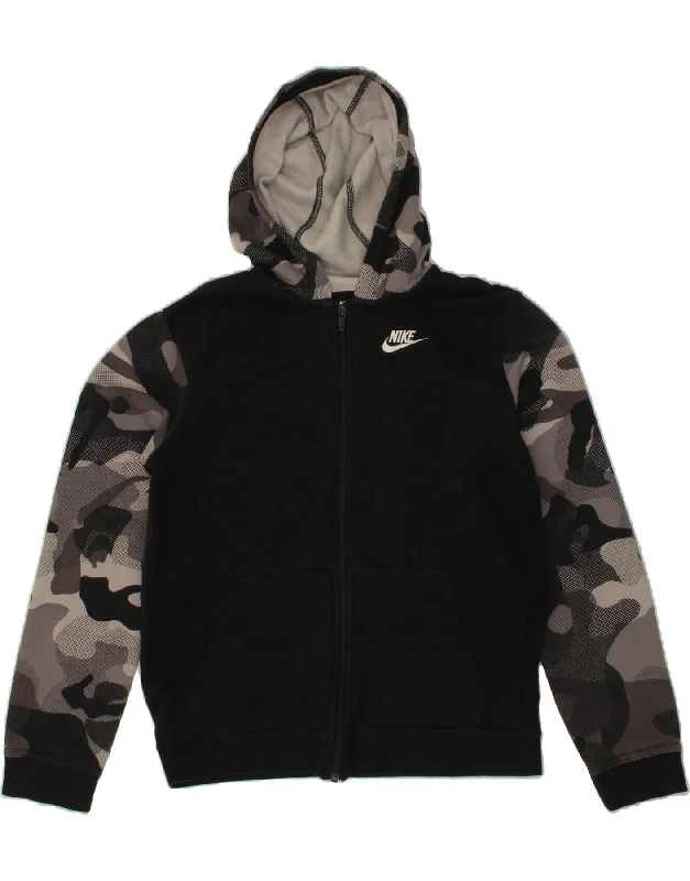 Warm Winter Series NIKE Boys Zip Hoodie Sweater 13-14 Years XL Black Camouflage Cotton