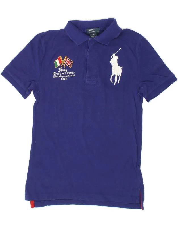 Warm Chic Outfits RALPH LAUREN Boys Graphic Polo Shirt 7-8 Years Small Navy Blue Cotton