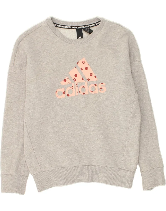Cozy Vibes ADIDAS Girls Graphic Sweatshirt Jumper 9-10 Years Grey Cotton