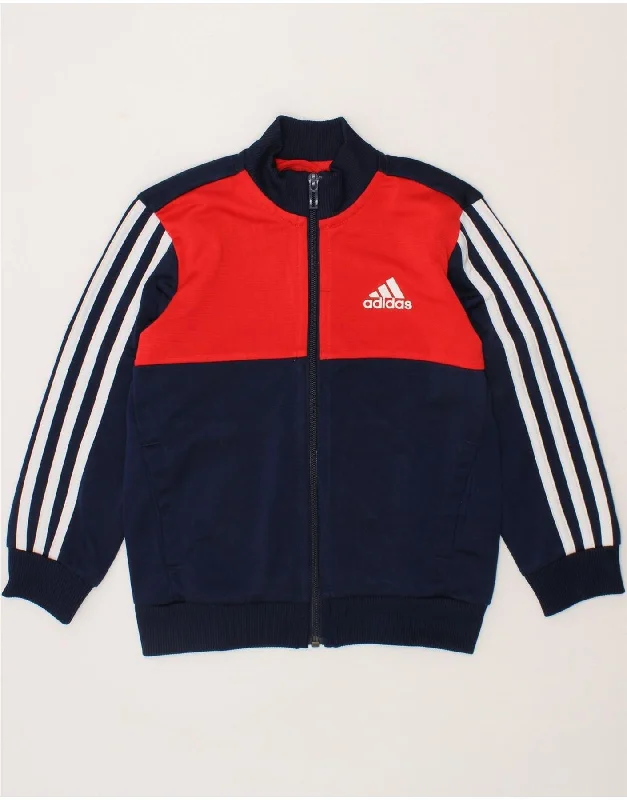 Modern Chic ADIDAS Boys Tracksuit Top Jacket 5-6 Years Navy Blue Colourblock Polyester