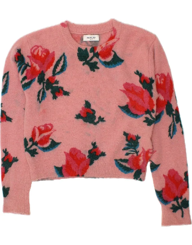 Simple Matching REPLAY Girls Crop Crew Neck Jumper Sweater 9-10 Years Pink Floral Acrylic