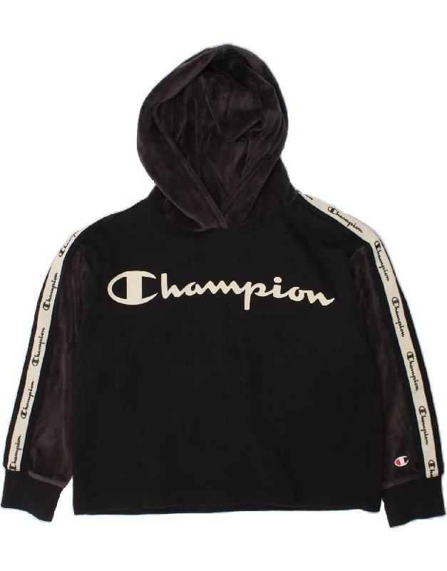 Effortless Wear CHAMPION Girls Graphic Hoodie Jumper 7-8 Years Small Black Colourblock