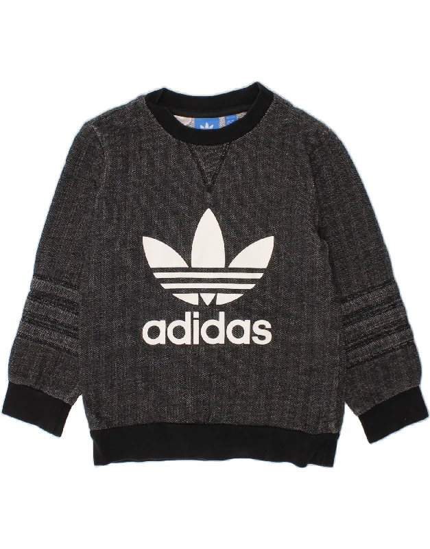 French Style ADIDAS Boys Graphic Sweatshirt Jumper 6-7 Years Grey Herringbone Cotton