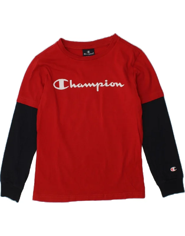 Breezy Outfits CHAMPION Boys Graphic Top Long Sleeve 7-8 Years Small Red Colourblock