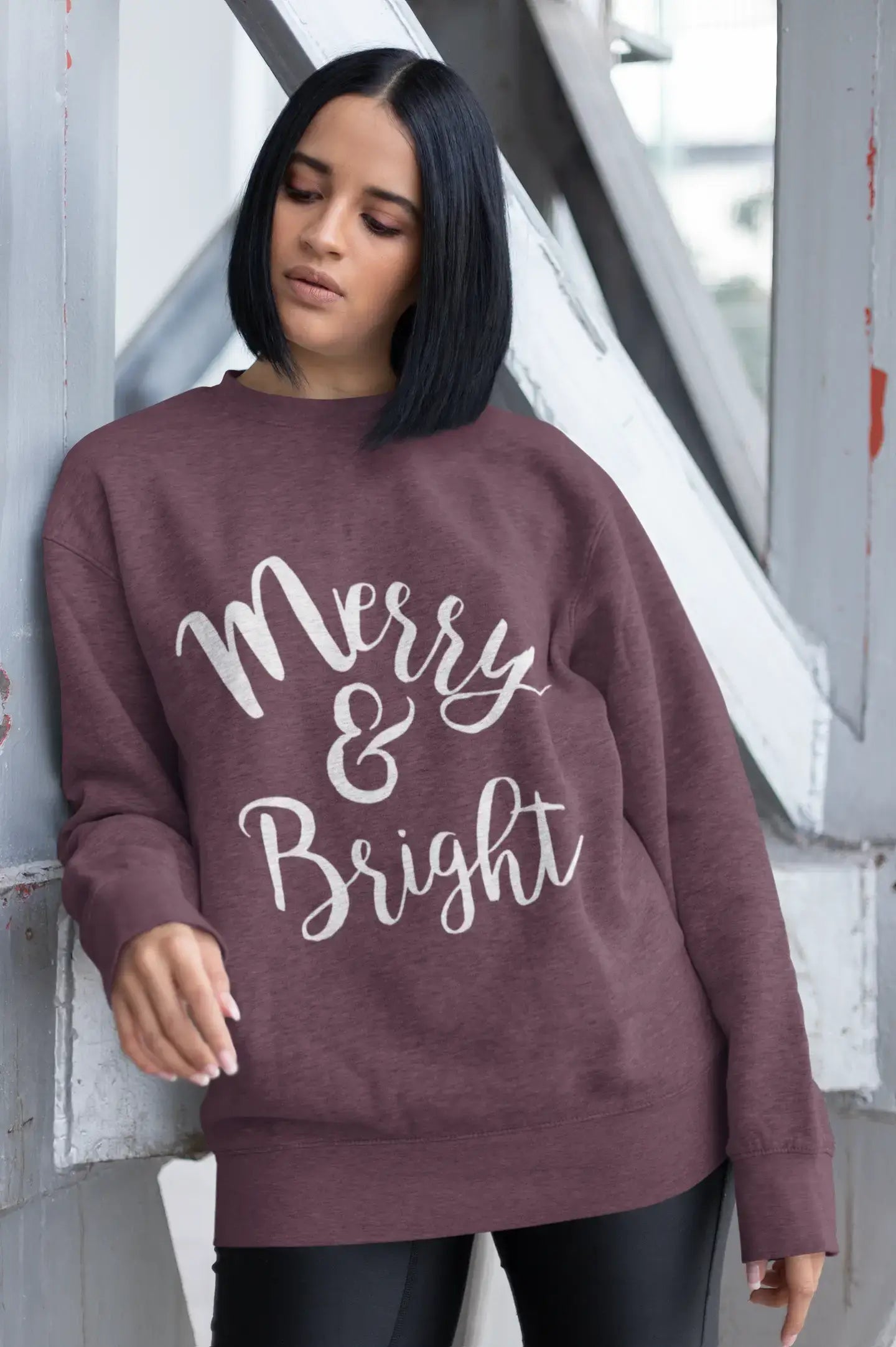 Body Design ULTRABASIC - Graphic Women's Long Sleeve Merry And Bright Christmas Sweatshirt Cute Printed Xmas Gift Ideas Denim