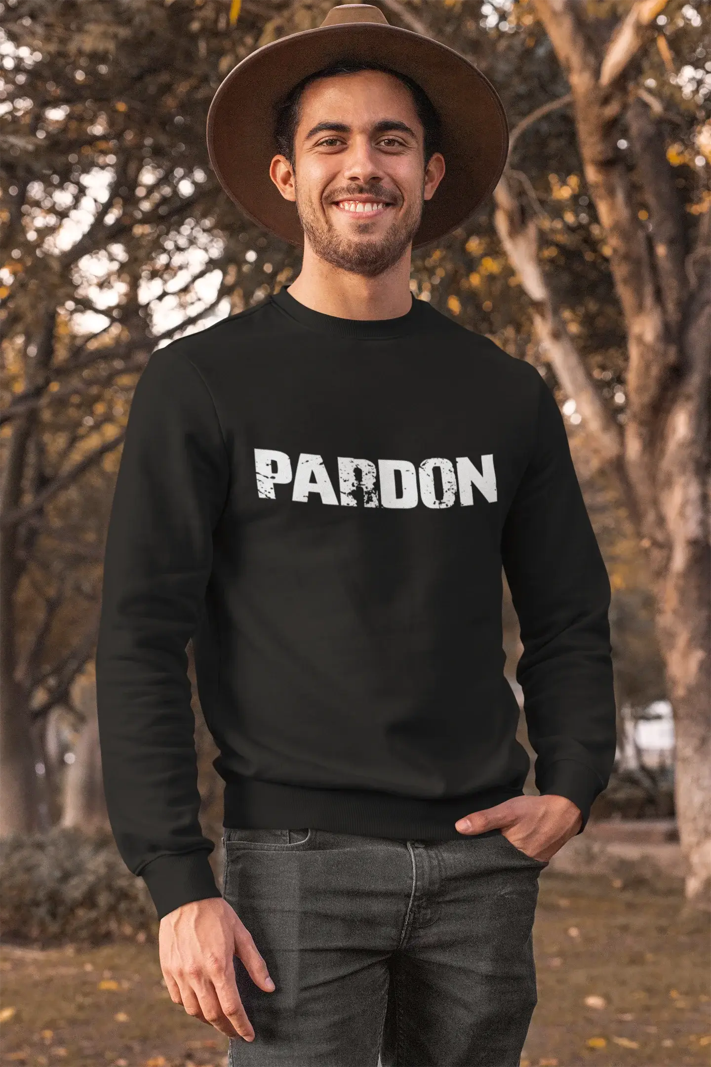 Warm Chic Men's Printed Graphic Sweatshirt Popular Words PARDON Deep Black