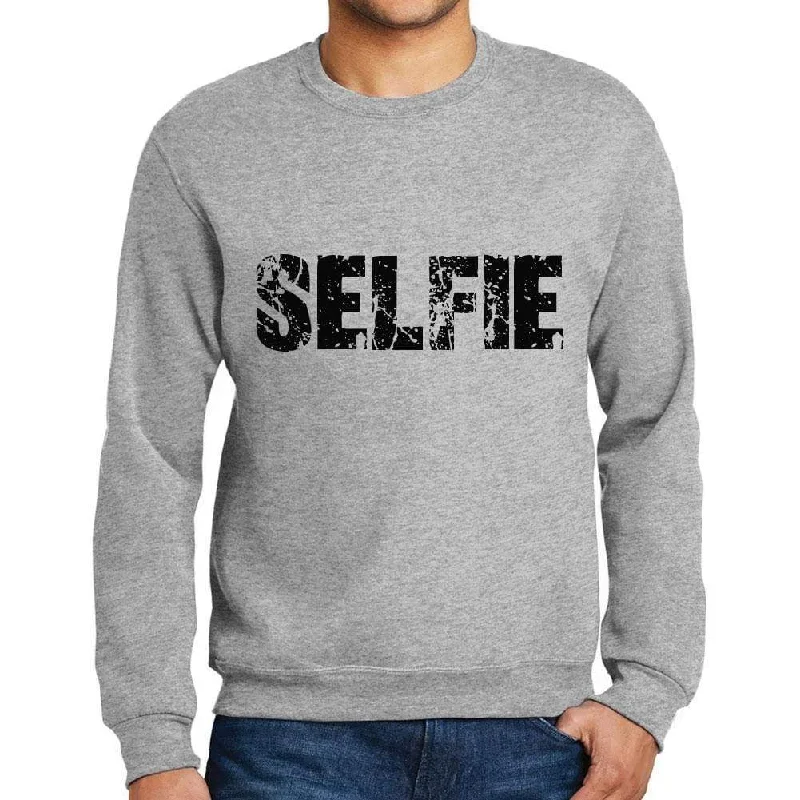 French Retro Men's Printed Graphic Sweatshirt Popular Words SELFIE Grey Marl