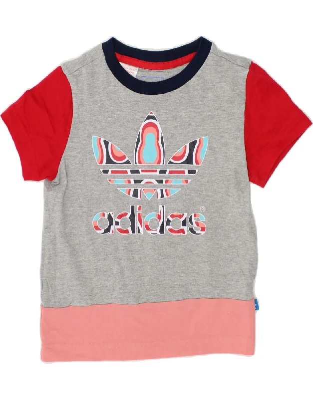 Casual Fit Wear ADIDAS Girls Graphic T-Shirt Top 5-6 Years Grey Colourblock Cotton