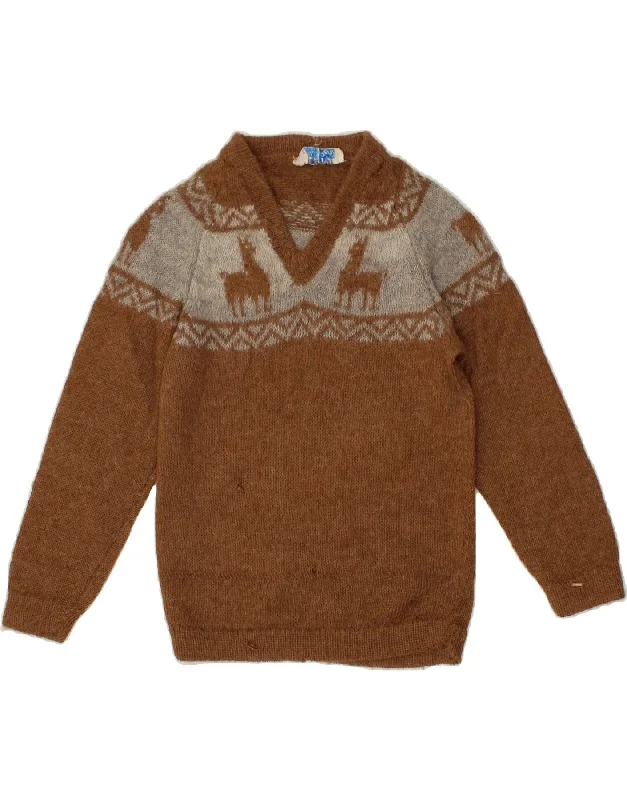 British Style VINTAGE Boys V-Neck Jumper Sweater 9-10 Years Brown Animal Print