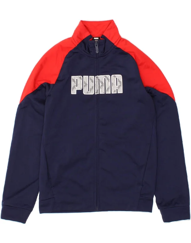 French Style PUMA Boys Graphic Tracksuit Top Jacket 11-12 Years Navy Blue Colourblock