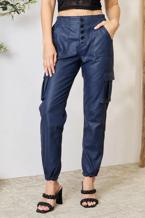 French Style Kancan High Waist Faux Leather Cargo Joggers