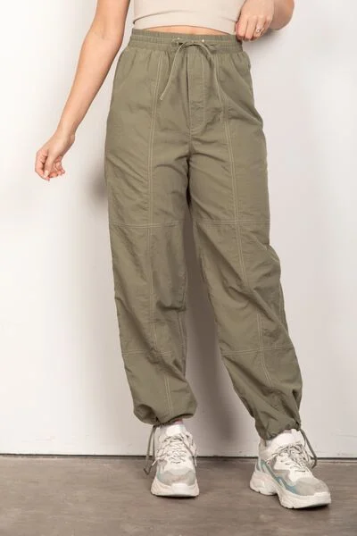 Embroidered Letters VERY J Drawstring Woven Parachute Joggers