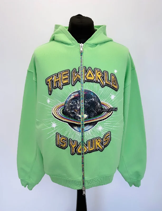 Casual Street Apple Green Planet Multi Colour Zip Hoodie.