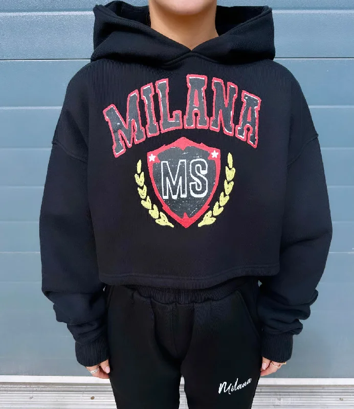 Knowledge And Elegance Black Crest Cropped Heavyweight Hoodie.