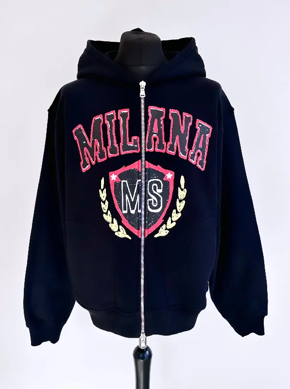 Street Fashion Black Heavyweight Crest Zip Hoodie.