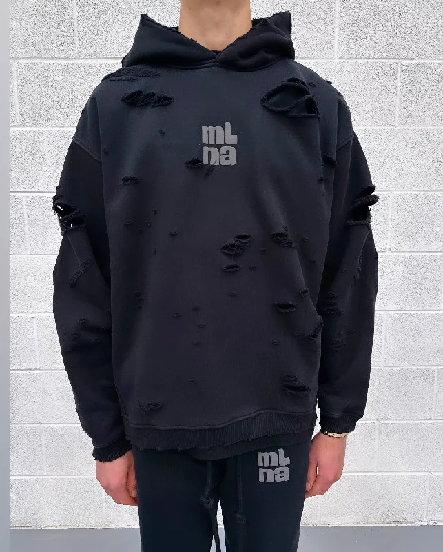 Stylish Fit Black Heavyweight Distressed Hoodie.