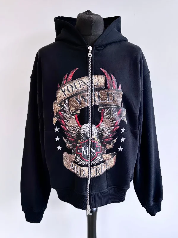 Elegant And Noble Black Heavyweight Eagle Zip Hoodie.