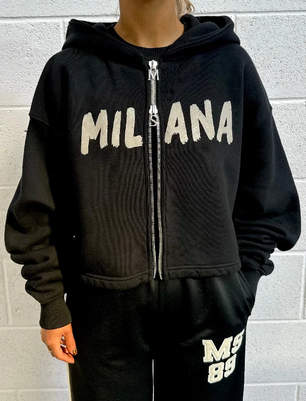 Everyday Outfits Black Paint Cropped Heavyweight Zip Hoodie.