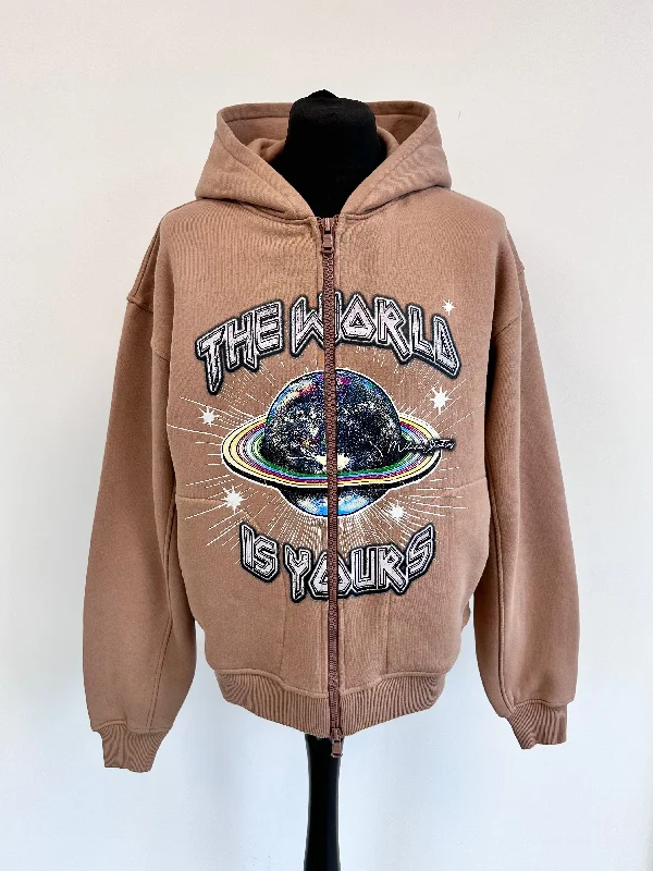 Elegant Style Brown Heavyweight Planet Zip Hoodie.