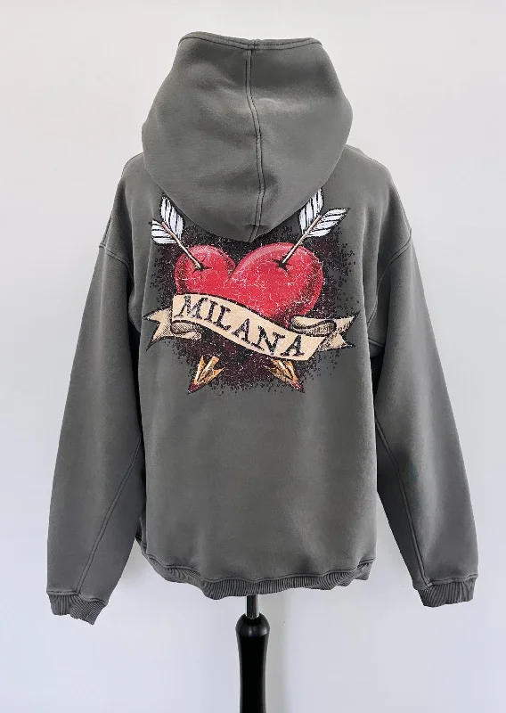 Trendy Comfort Wear Washed Charcoal Heart Script Heavyweight Hoodie.