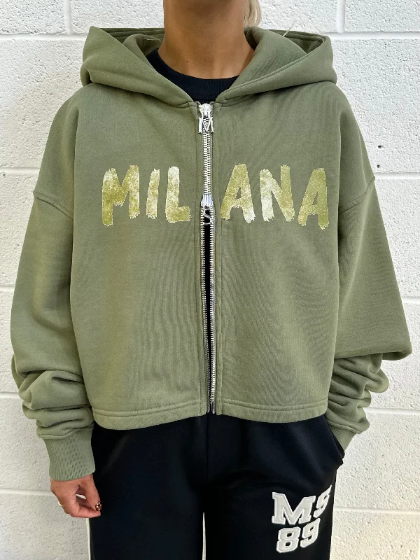 Sporty Comfort Military Green Paint Cropped Heavyweight Zip Hoodie.