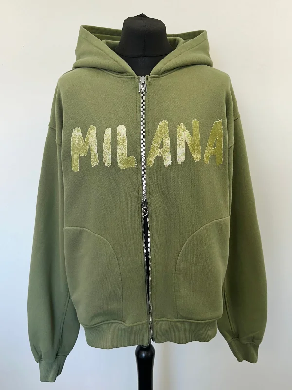 Breezy Comfort Military Green Paint Heavyweight Zip Hoodie.