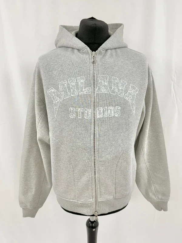 Embroidered Letters Marl Grey Arched Heavyweight Zip Hoodie.