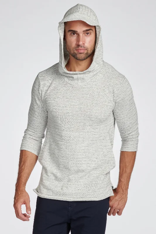 Dessert Matching Men's Cambridge 3/4 Sleeve Cowl Neck Visor Hoodie Sweater - Light Grey Speck Stripe