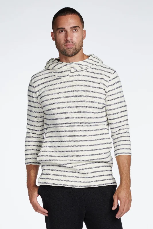 Sexy Fun Men's Cambridge 3/4 Sleeve Cowl Neck Visor Hoodie Sweater -  Slub Jersey Navy/Cream Stripe