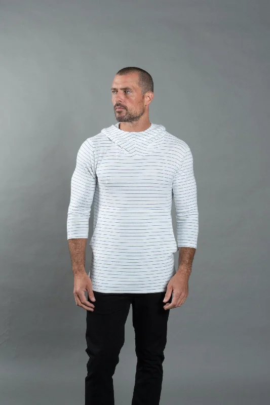 Comfortable And Cold-proof Men's 3/4 Sleeve Cowl Neck Visor Hoodie - White & Navy Thin Stripe