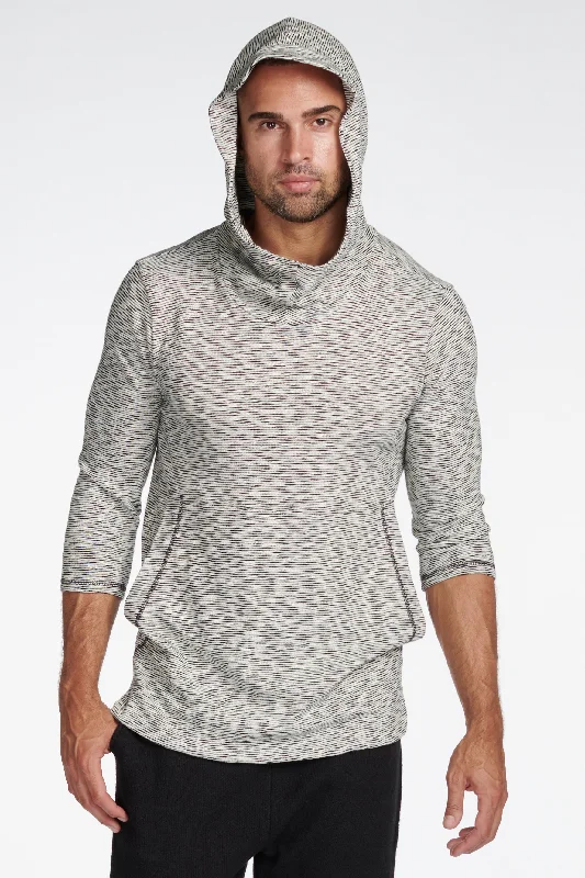 Carefree Men's Cambridge 3/4 Sleeve Cowl Neck Visor Hoodie Sweater - Variegated Ivory/Black
