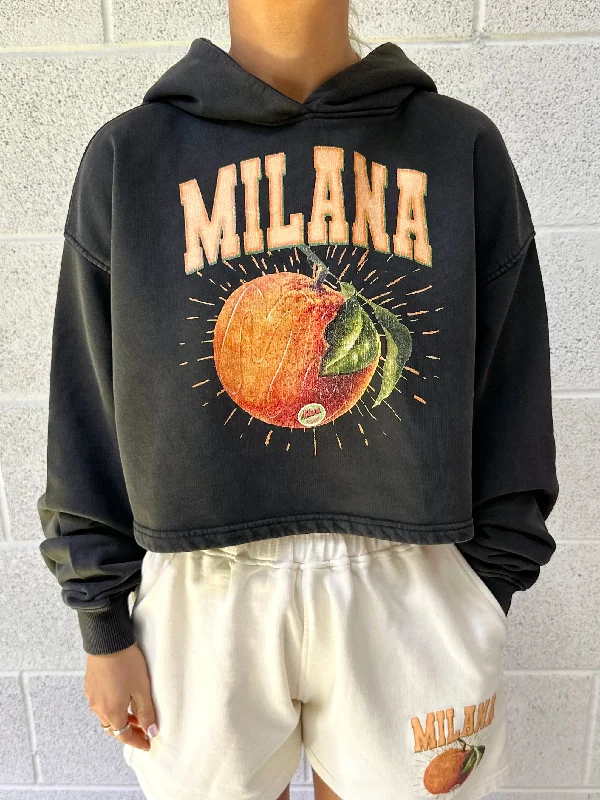 British Fashion Washed Black Orange Cropped Hoodie.