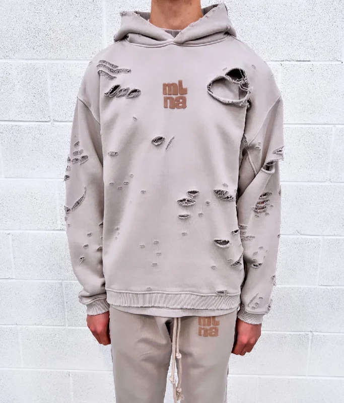 Everyday Chic Washed Taupe Heavyweight Distressed Hoodie.