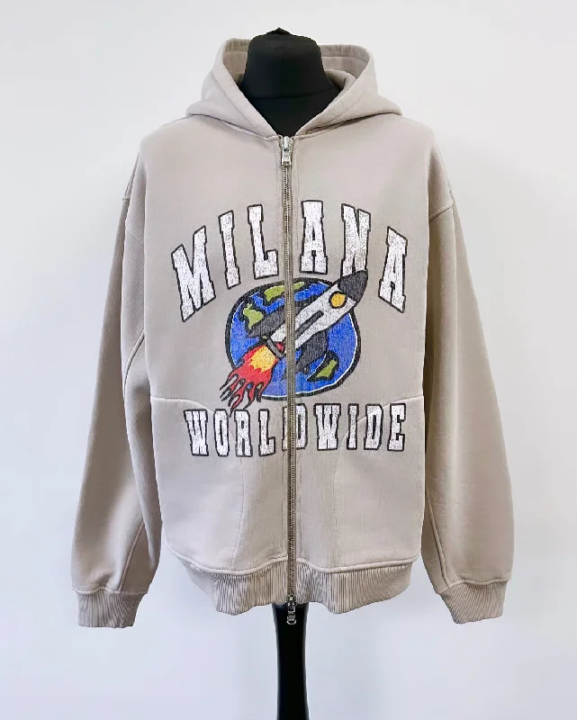 Soft Wearables Washed Taupe Heavyweight Worldwide Zip Hoodie.
