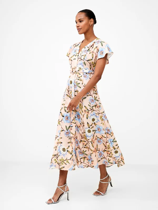 Classic Style Floral Button-Through Belted Midi Dress